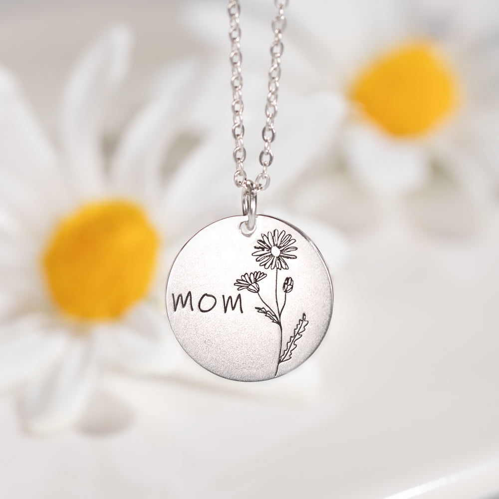 Engraved Birth  Flower Disc Necklace Sterling Silver 18 mm