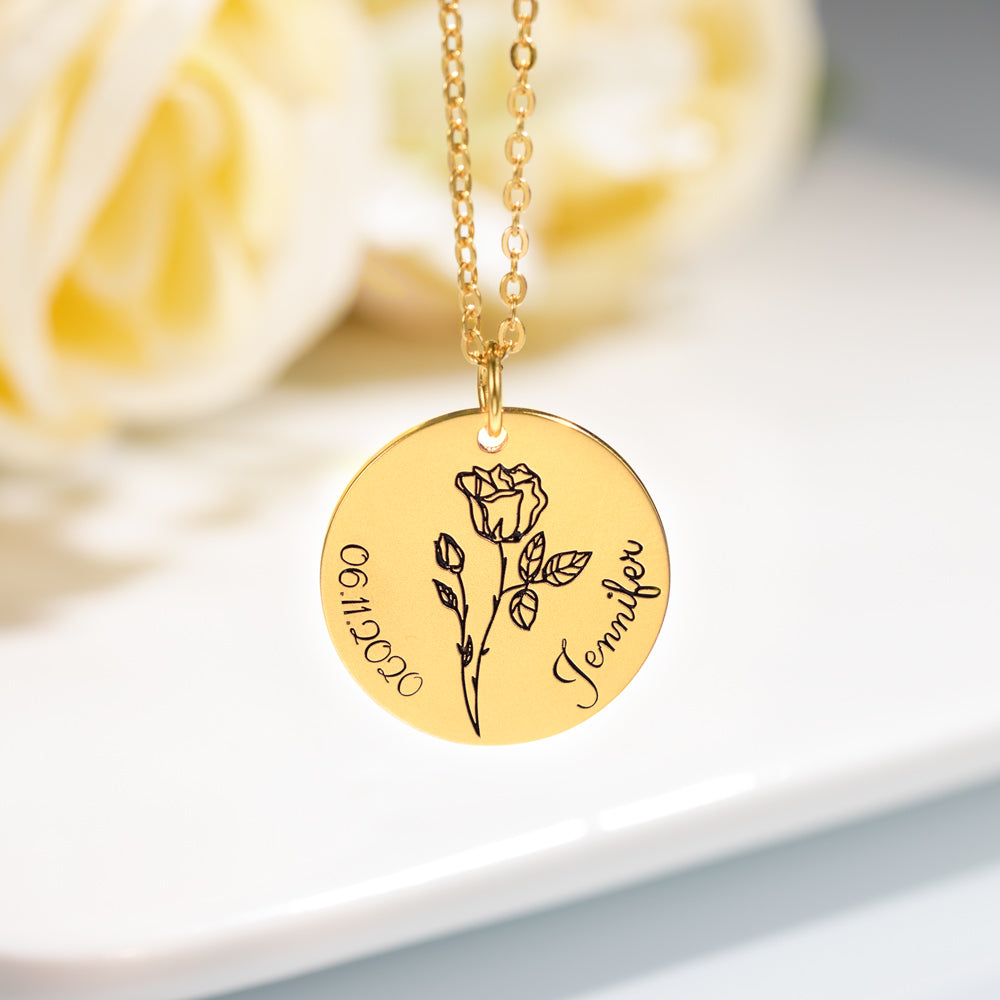 Engraved Birth  Flower Disc Necklace Sterling Silver 18 mm