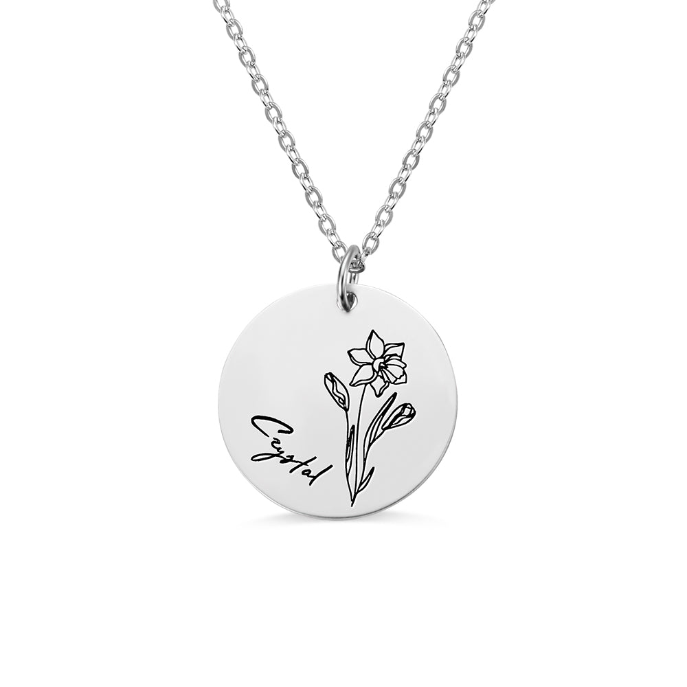 Engraved Birth  Flower Disc Necklace Sterling Silver 18 mm