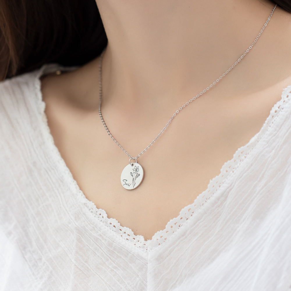 Engraved Birth  Flower Disc Necklace Sterling Silver 18 mm