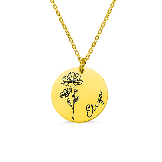 Engraved Birth  Flower Disc Necklace Sterling Silver 18 mm