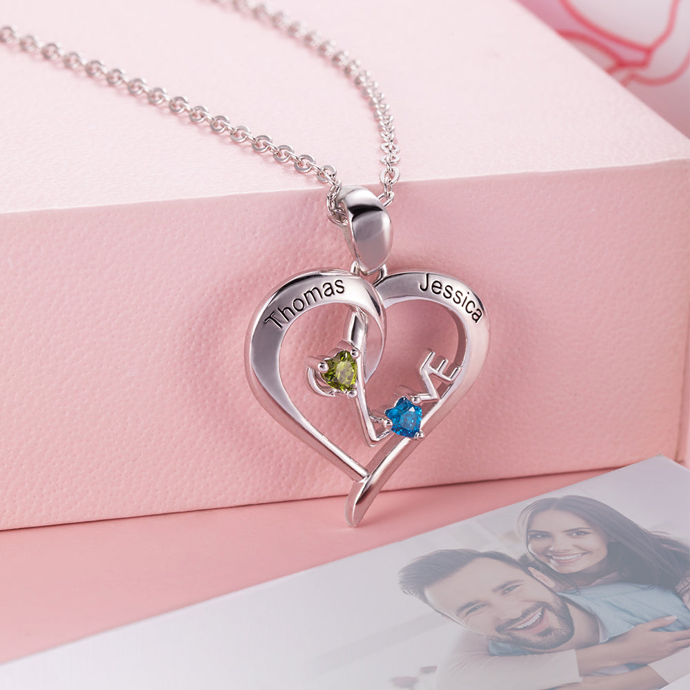 Customizable Heart-Shaped Name Necklace With Birthstones