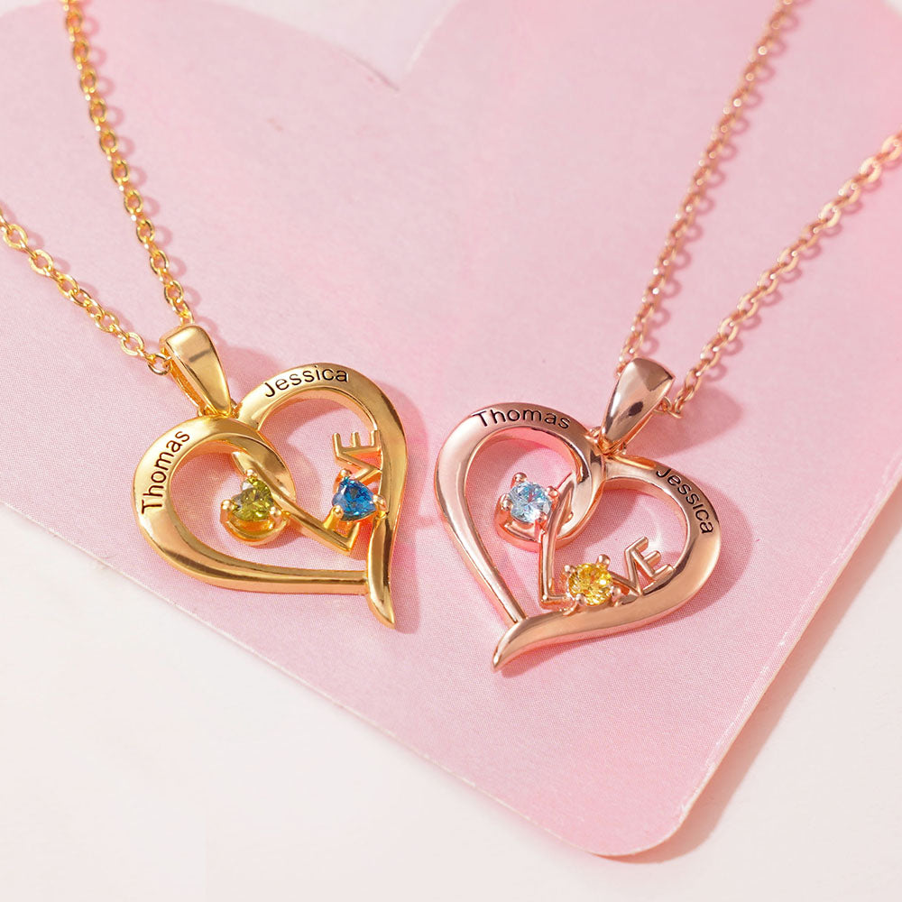 Customizable Heart-Shaped Name Necklace With Birthstones