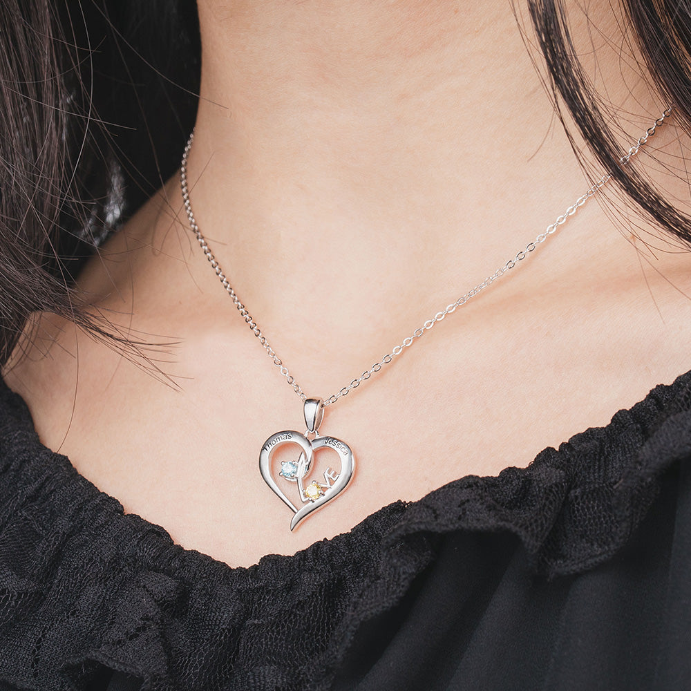 Customizable Heart-Shaped Name Necklace With Birthstones