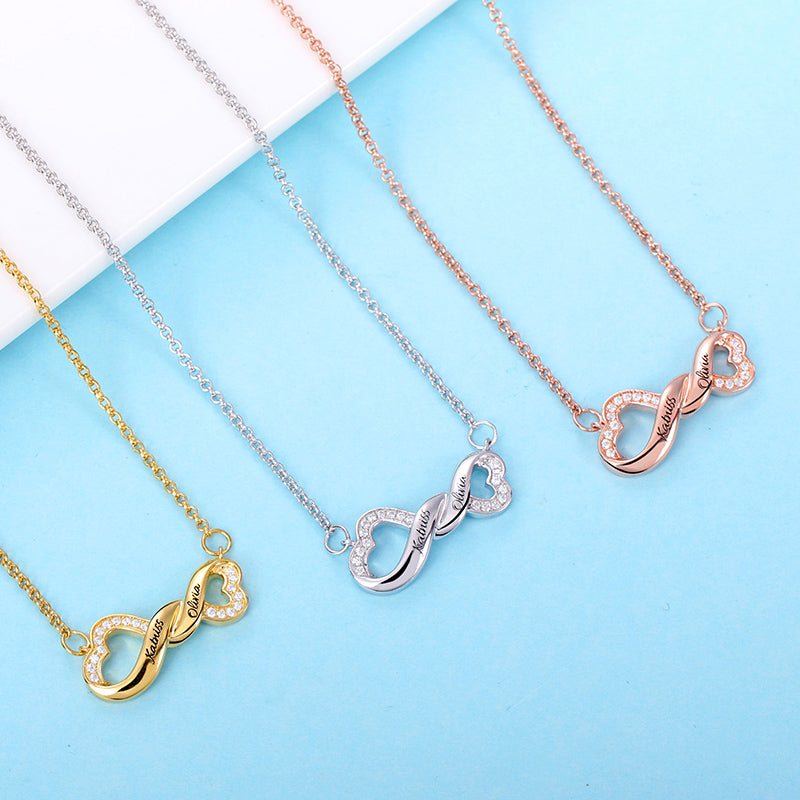 Engraved Infinity Double Heart Name Necklace for Her in Silver