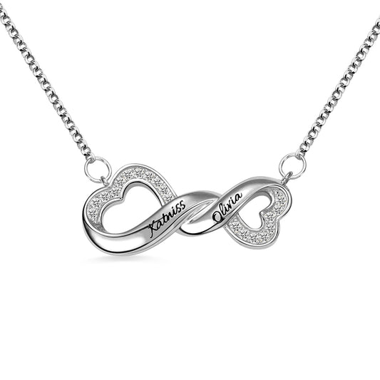 Collana con nome inciso Infinity Double Heart per lei in argento 