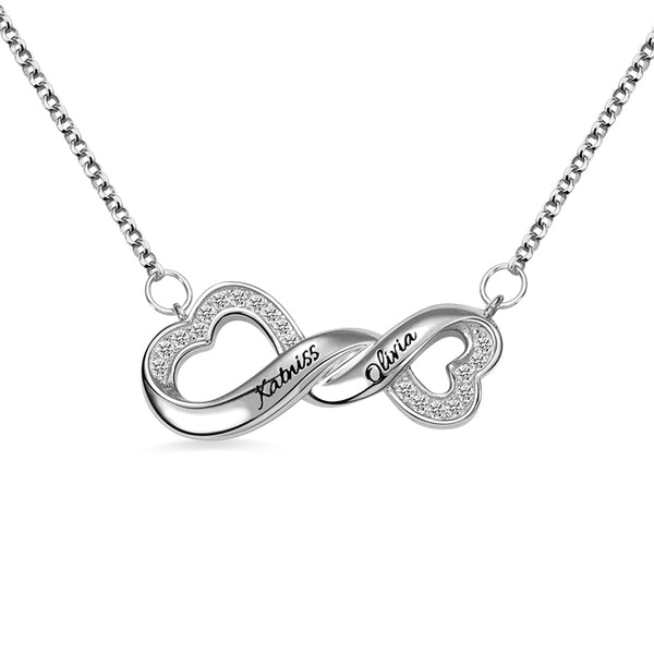 Collana con nome inciso Infinity Double Heart per lei in argento 