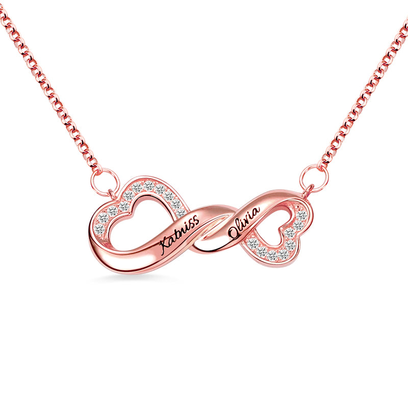 Collana con nome inciso Infinity Double Heart per lei in argento 