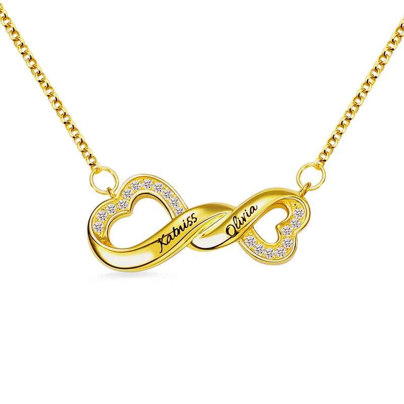 Collana con nome inciso Infinity Double Heart per lei in argento 