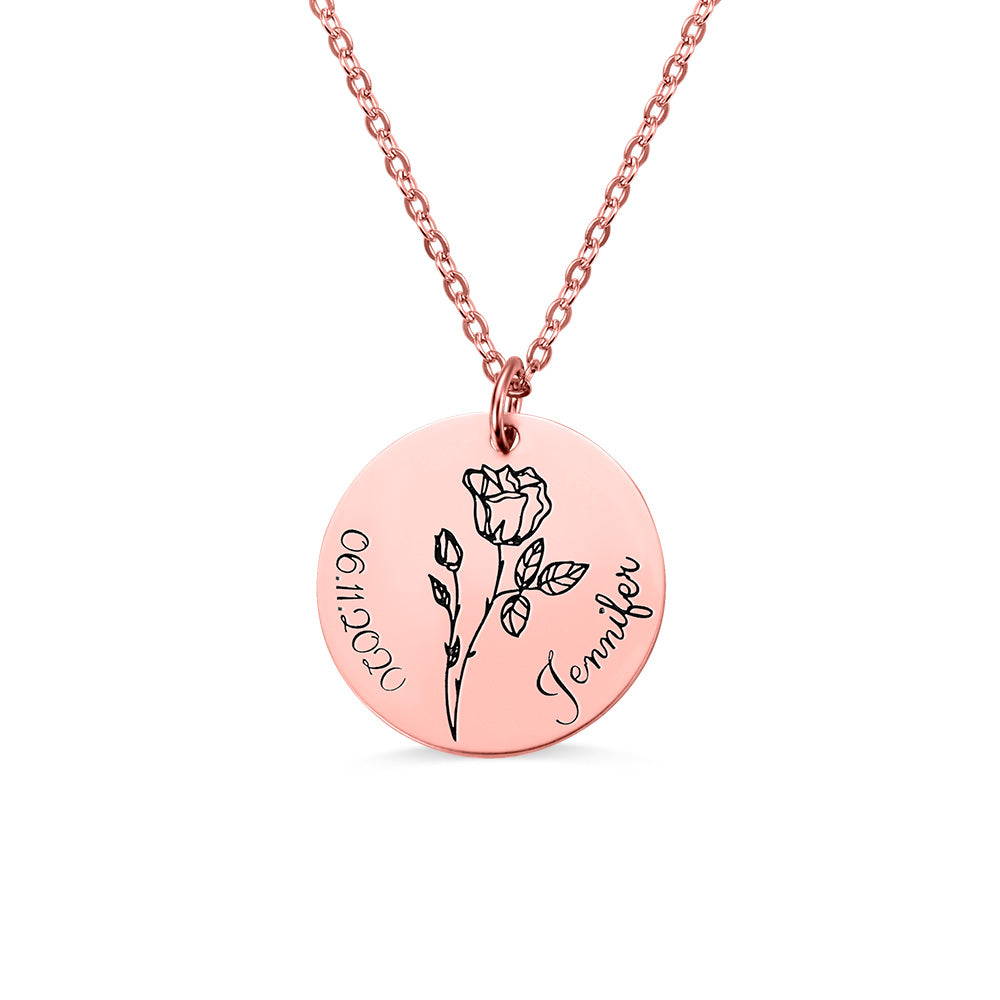 Engraved Birth  Flower Disc Necklace Sterling Silver 18 mm