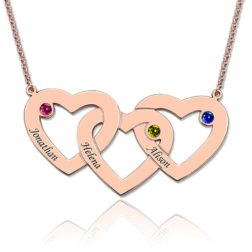 Collana con 3 cuori intrecciati e pietre portafortuna, confezione regalo e cofanetto 