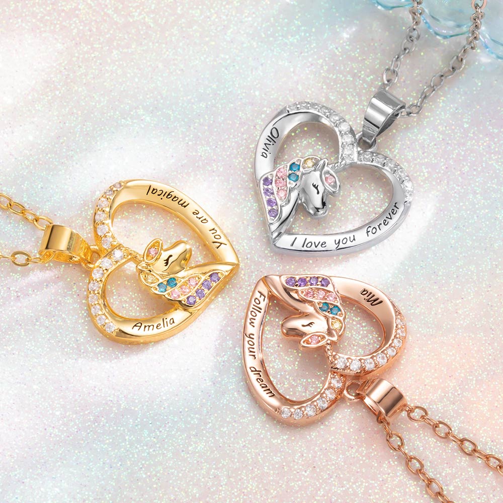 Collana personalizzata con ciondolo a forma di unicorno a forma di cuore