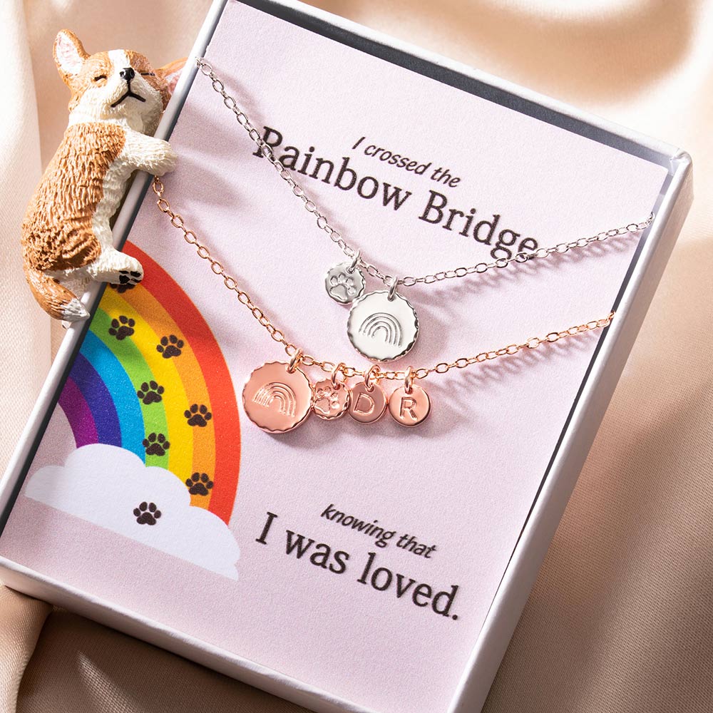 Collana commemorativa personalizzata per animali domestici Rainbow Bridge in argento sterling