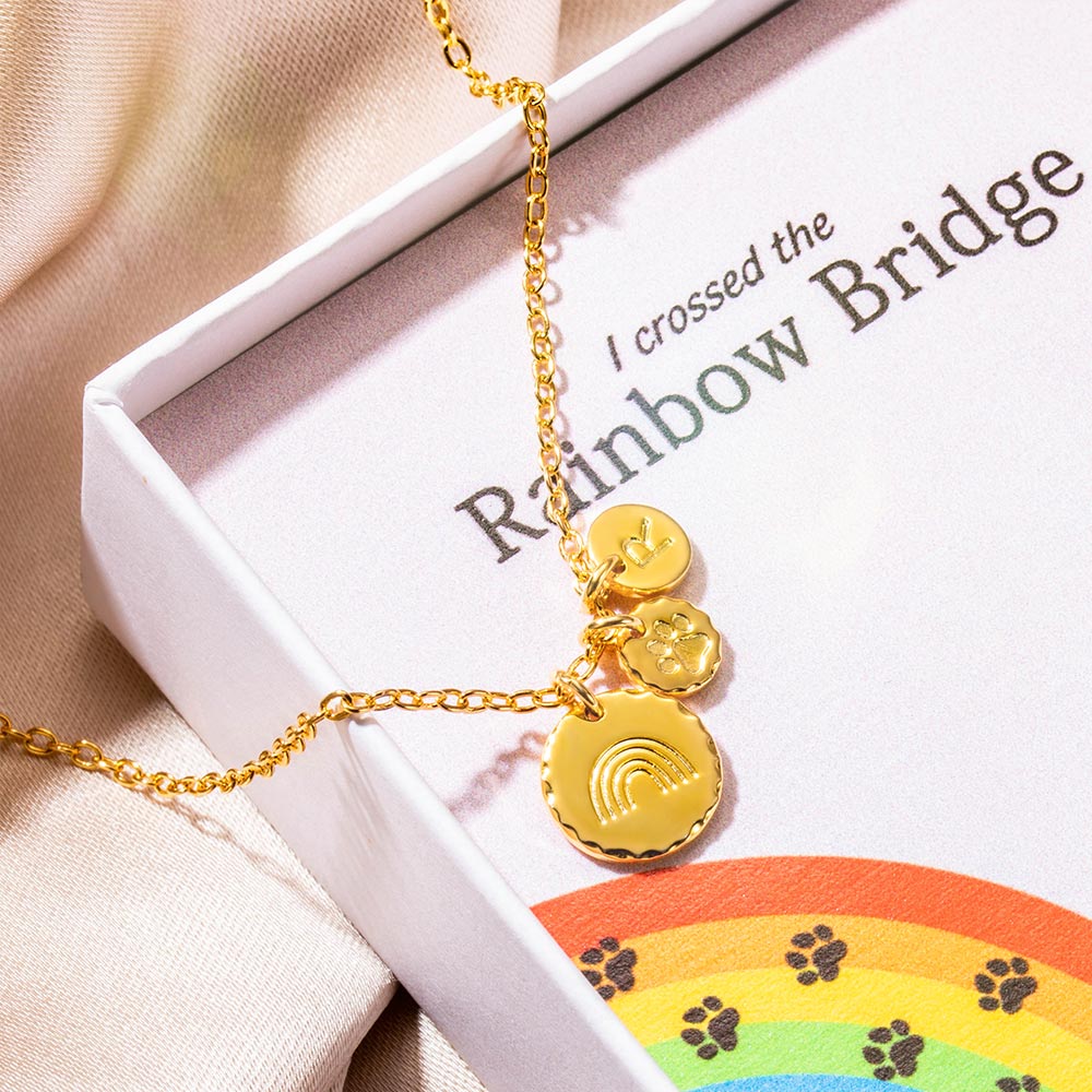 Collana commemorativa personalizzata per animali domestici Rainbow Bridge in argento sterling