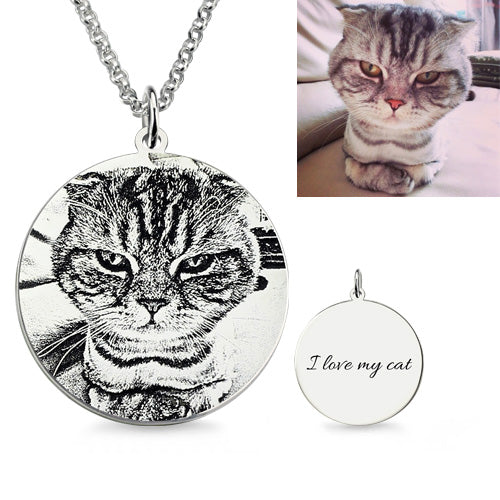 Collana personalizzata con foto incisa di gatto in argento sterling 