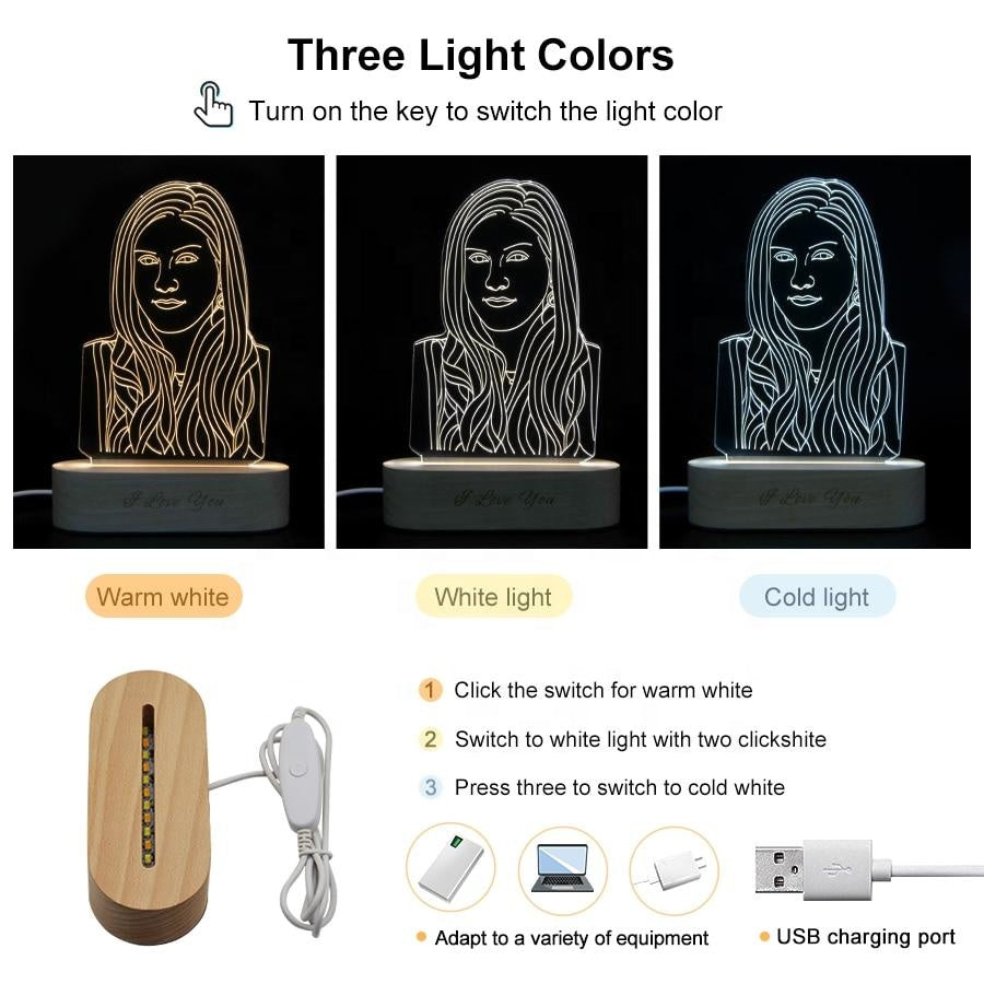 Lampada acrilica 3D di qualsiasi forma personalizzata con luce notturna con base in legno incisa