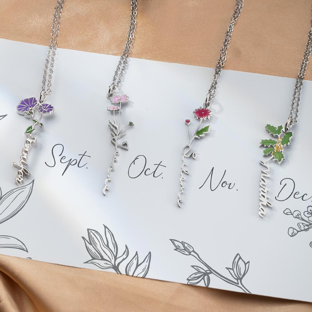 Personalized Birth Flower Name Necklace Stainless Steel