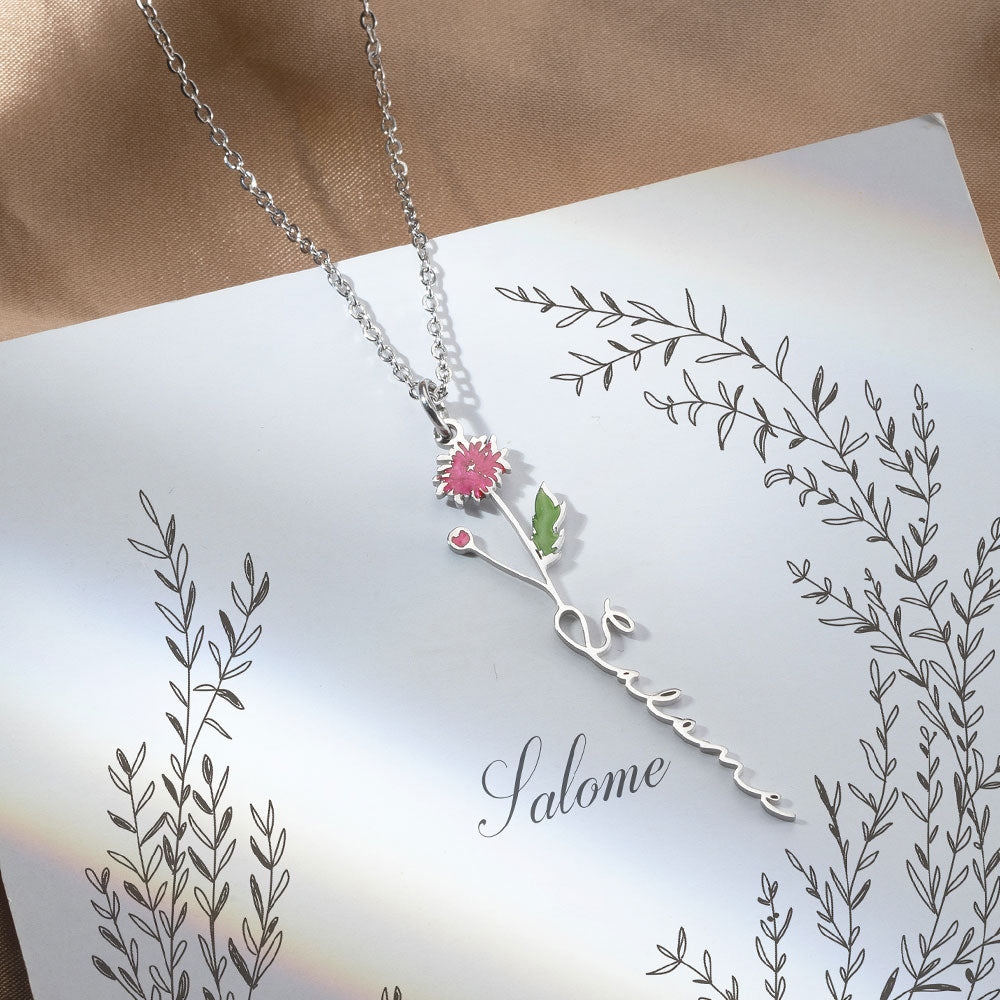 Personalized Birth Flower Name Necklace Stainless Steel