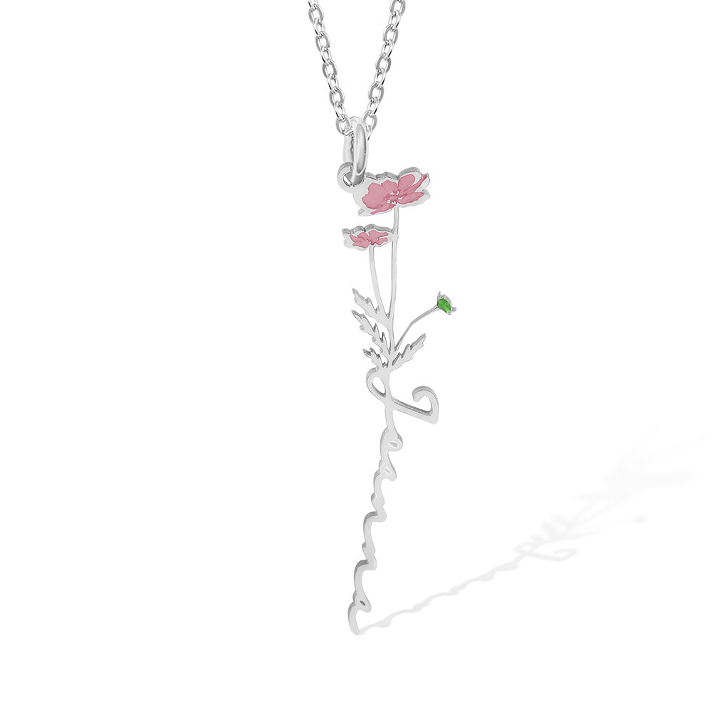 Personalized Birth Flower Name Necklace Stainless Steel