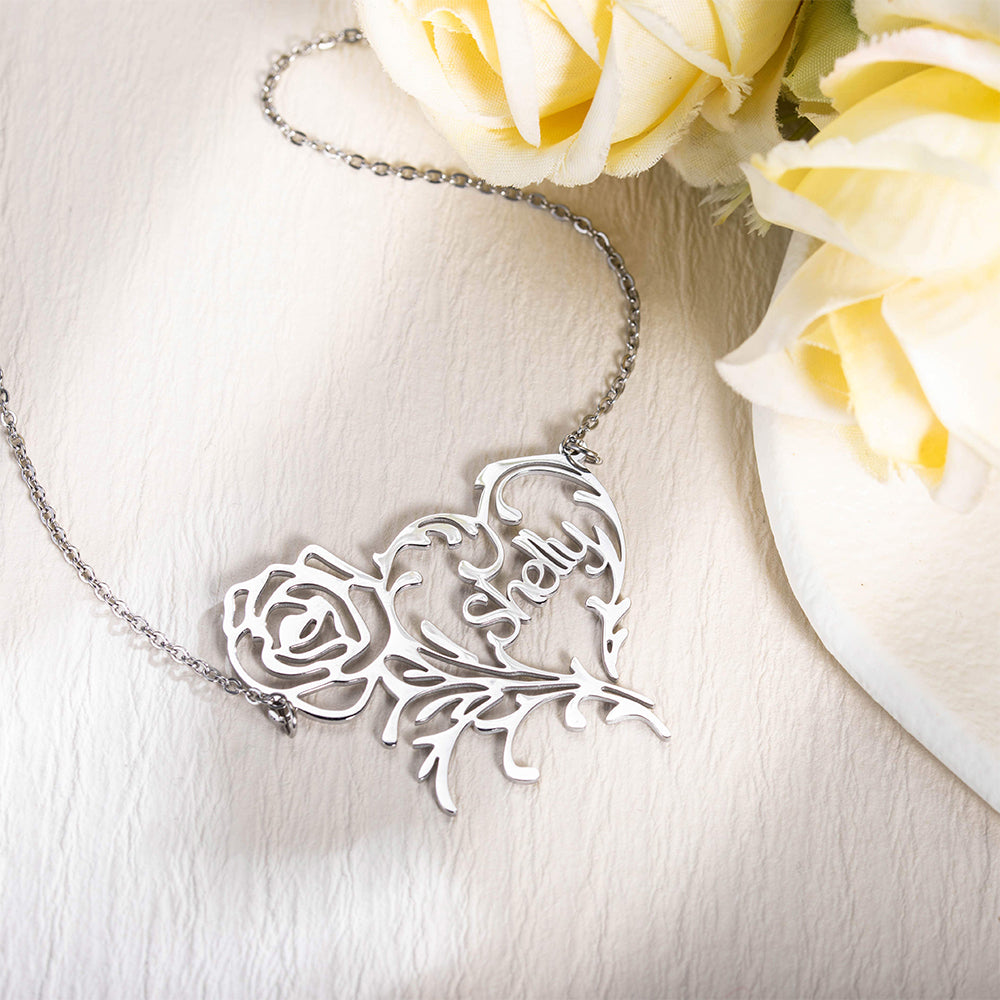 Personalized Rose Heart Necklace Stainless Steel