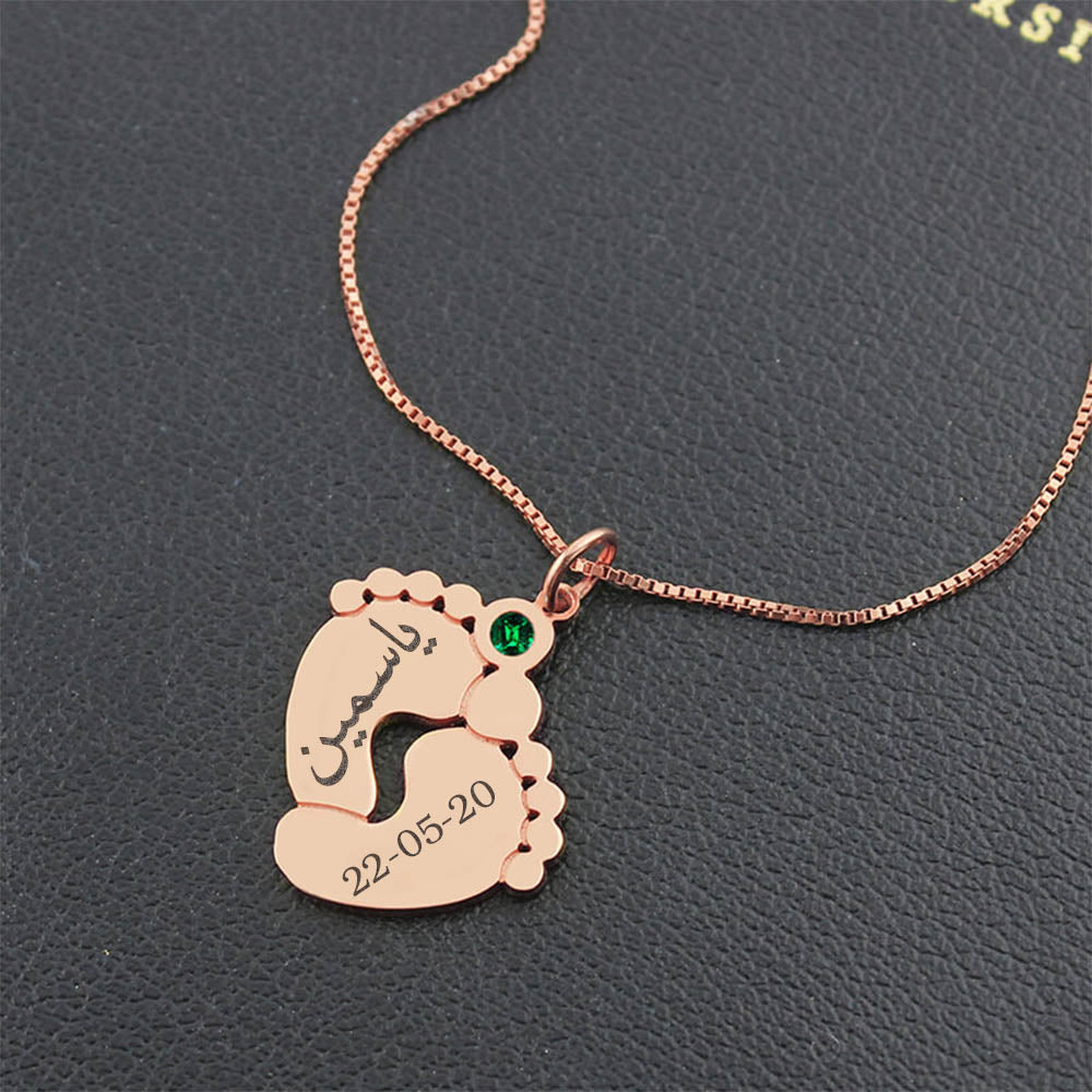 Personalized Arabic Baby Feet Birthstone Necklace