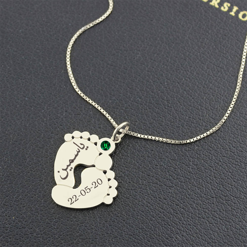 Personalized Arabic Baby Feet Birthstone Necklace