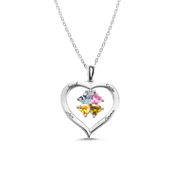 Personalized 4 Heart Birthstones Necklace with Engraving in Silver