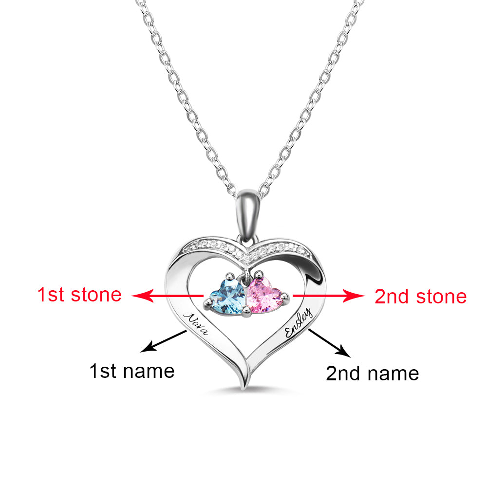 Personalized 2 Heart Birthstone Necklace with Engraving