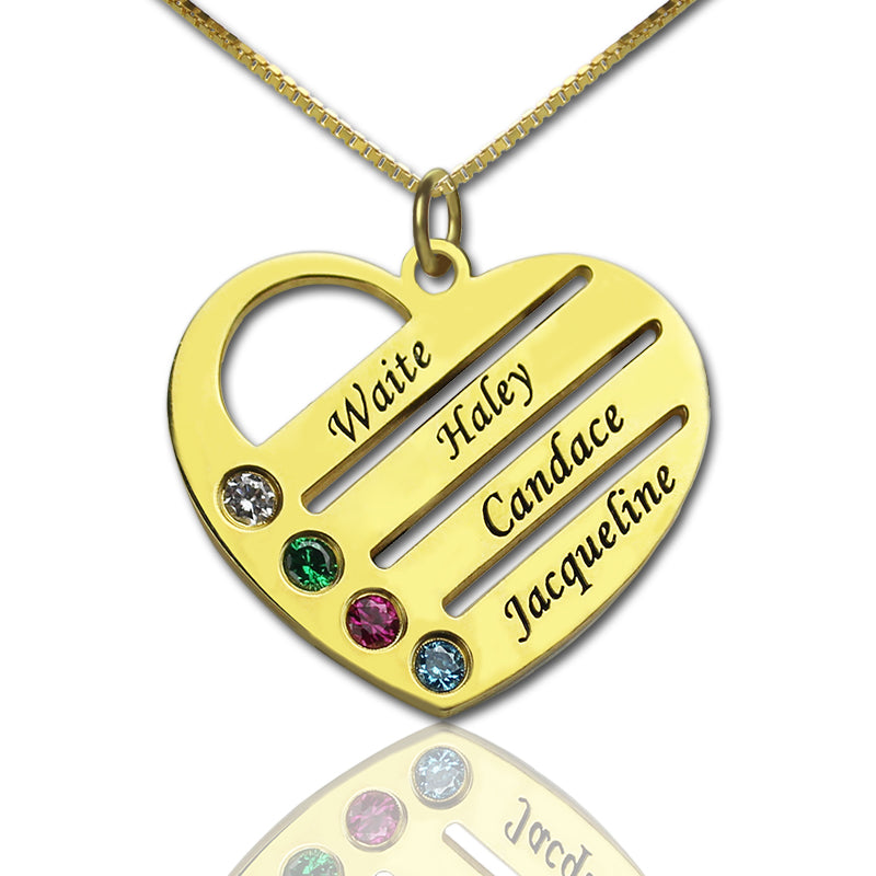 Collana personalizzata a forma di cuore per la mamma con 4 pietre portafortuna e nomi 