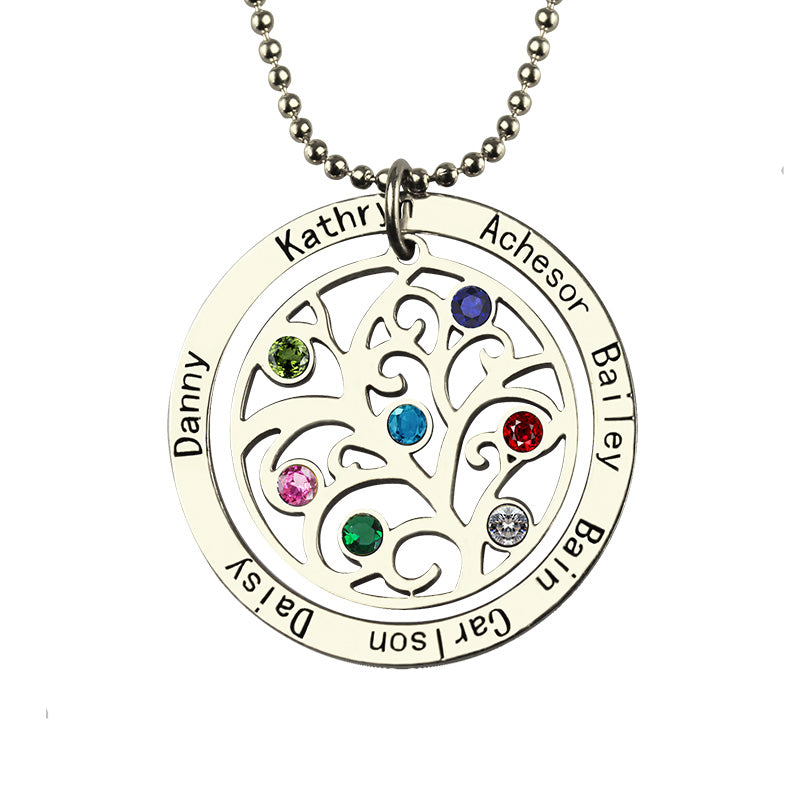 Personalized Circle Family Tree Birthstone 7 Names Necklace