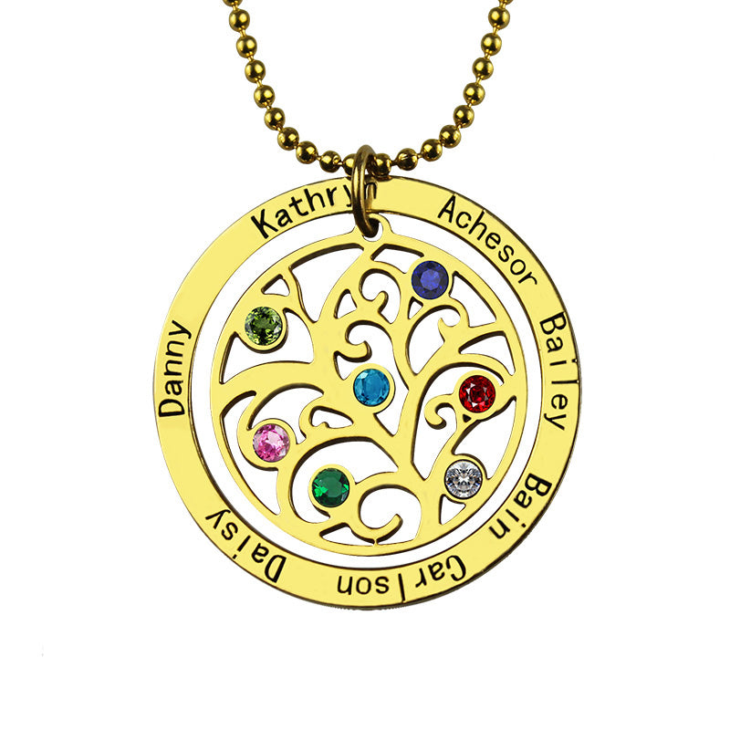 Collana personalizzata con albero genealogico e pietra portafortuna con 7 nomi 