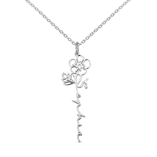 Delicata collana con nome floreale e fiore di nascita in argento sterling 925