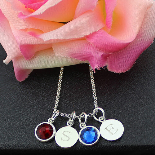 Personalized Double Initial Charm Necklace with Birthstones