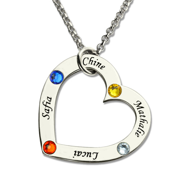 Collana a forma di cuore della mamma con 4 nomi e pietre portafortuna in argento sterling 