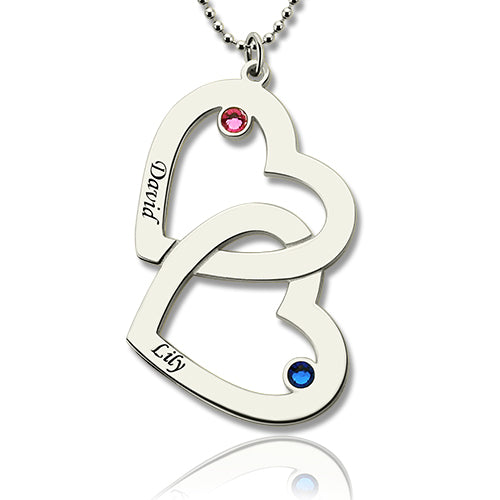 Collana a doppio cuore con 2 nomi e pietre portafortuna in argento sterling 