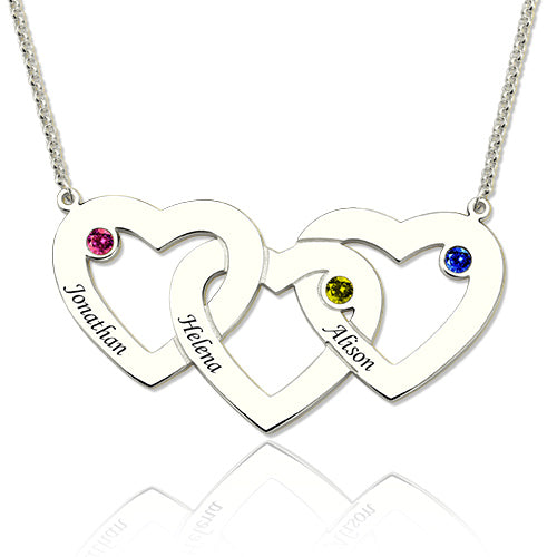 Intertwined 3 Hearts & Birthstones Name Necklace