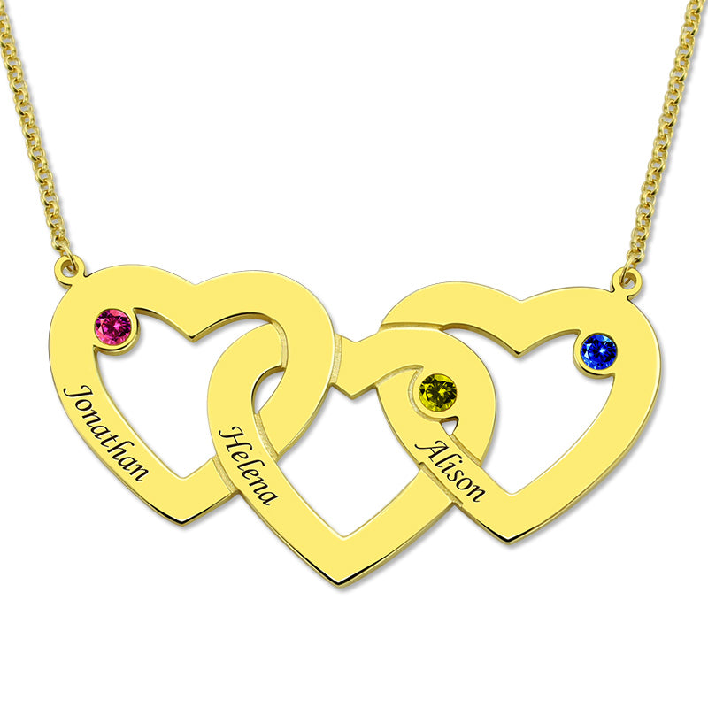 Intertwined 3 Hearts & Birthstones Name Necklace