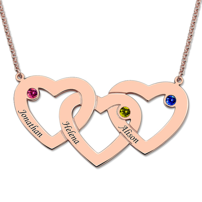 Intertwined 3 Hearts & Birthstones Name Necklace