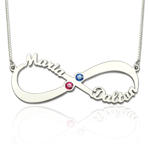 2 Names & Birthstones Infinity Love Necklace Sterling Silver