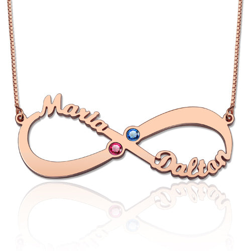 2 Names & Birthstones Infinity Love Necklace Sterling Silver