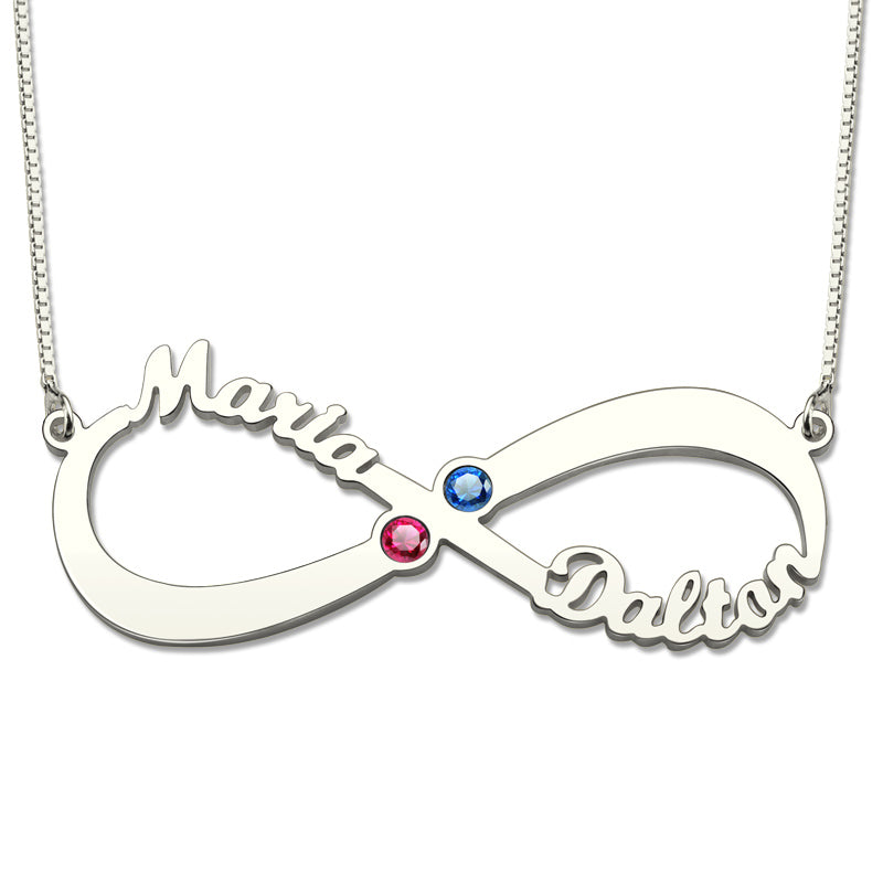 Collana con 2 nomi e pietre portafortuna Infinity Love in argento sterling 