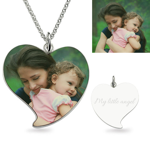 Collana con foto di mamma e figlia con cuore inciso in argento sterling 