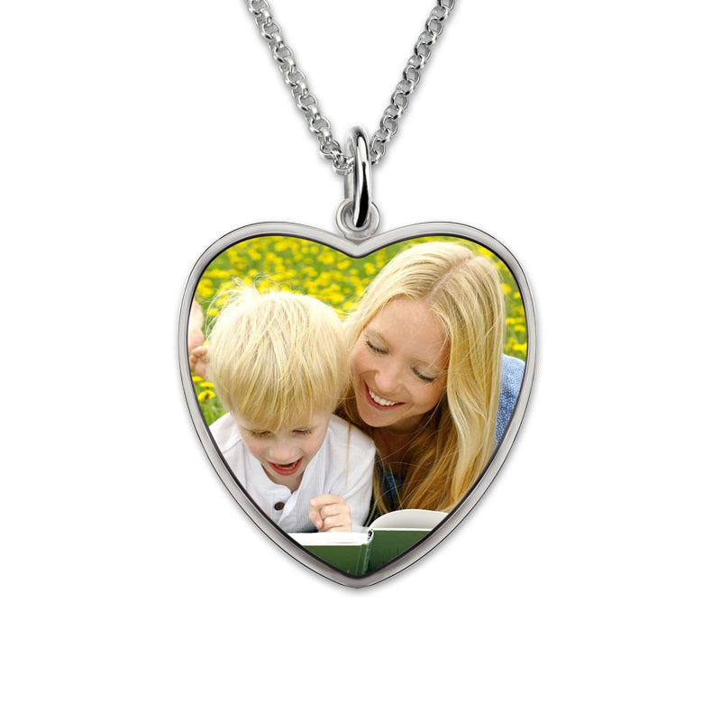 Collana con foto di mamma e figlio incisa a forma di cuore in argento sterling 