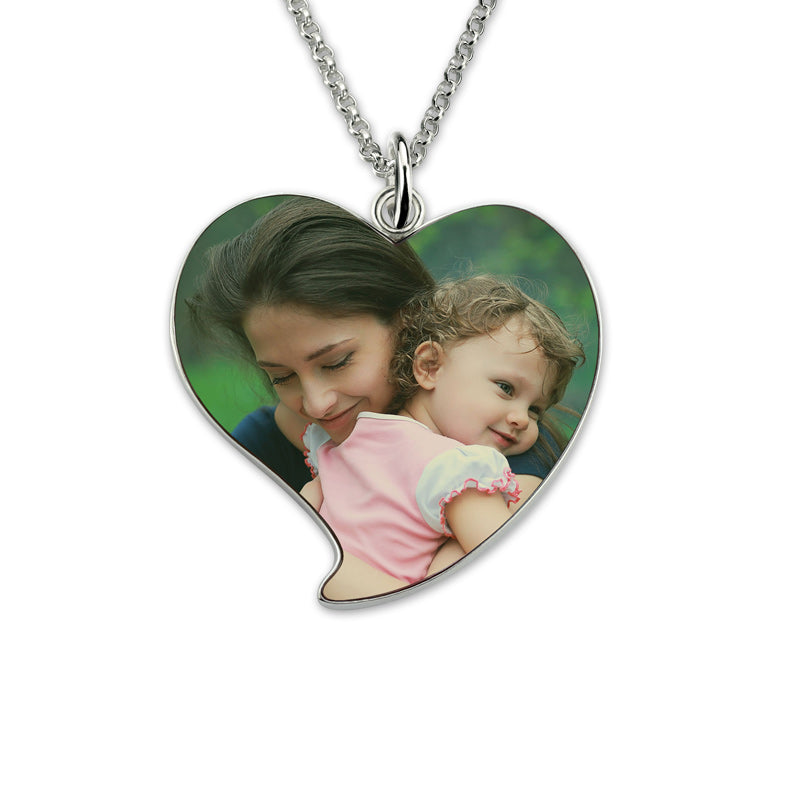 Engraved Heart Mom & Daughter Photo Necklace Sterling Silver