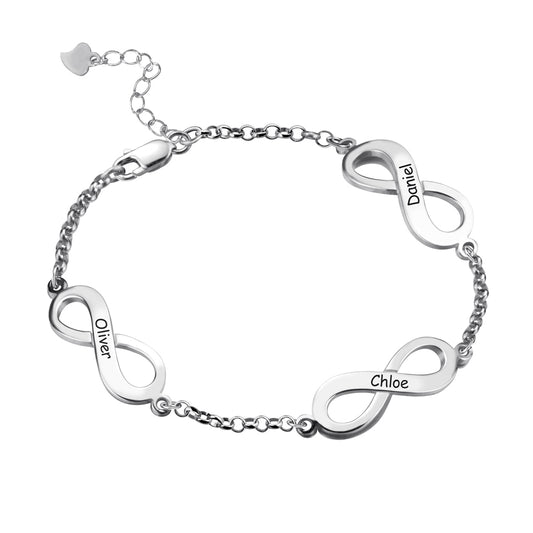 Braccialetto personalizzato con nome triplo infinito in argento sterling 