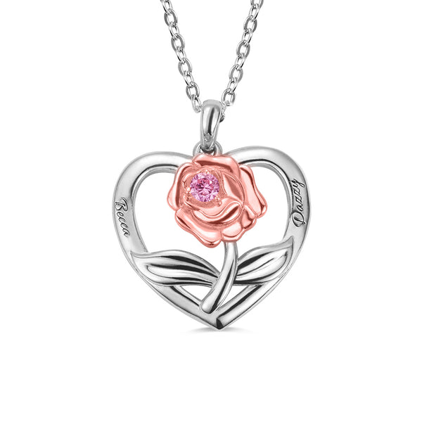 Collana personalizzata con cuore di rosa e pietra portafortuna in argento sterling