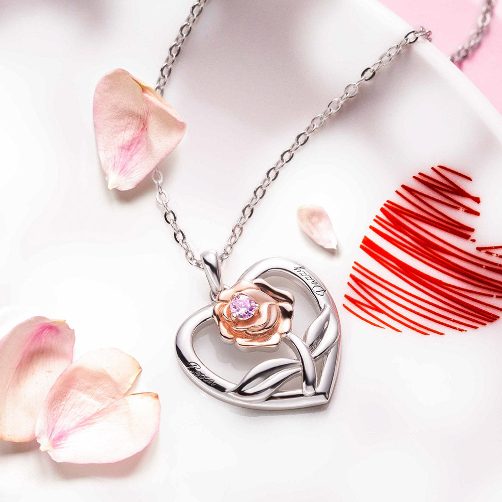 Collana personalizzata con cuore di rosa e pietra portafortuna in argento sterling