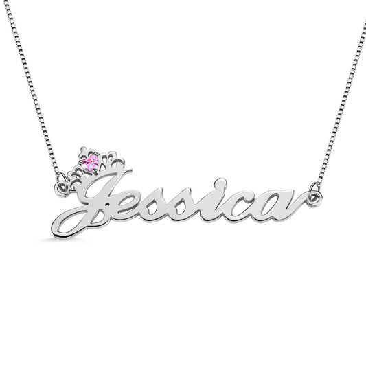 Personalized Crown Name Necklace with Birthstone in Silver