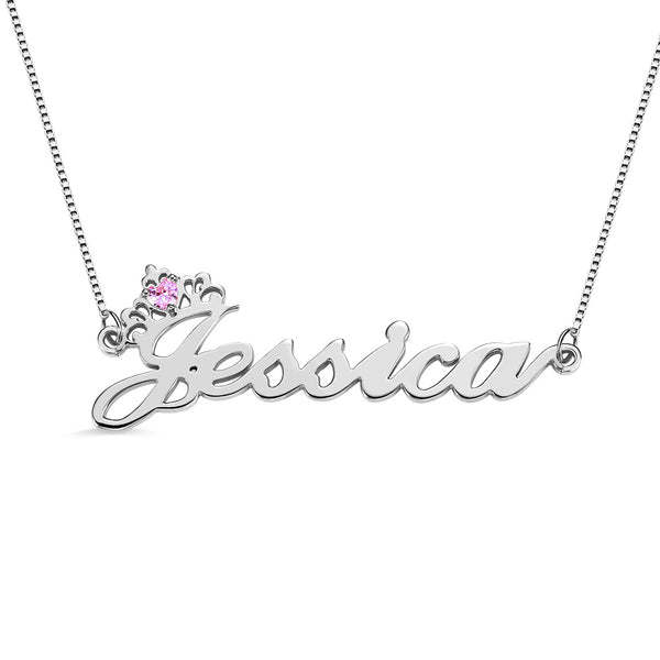 Personalized Crown Name Necklace with Birthstone in Silver