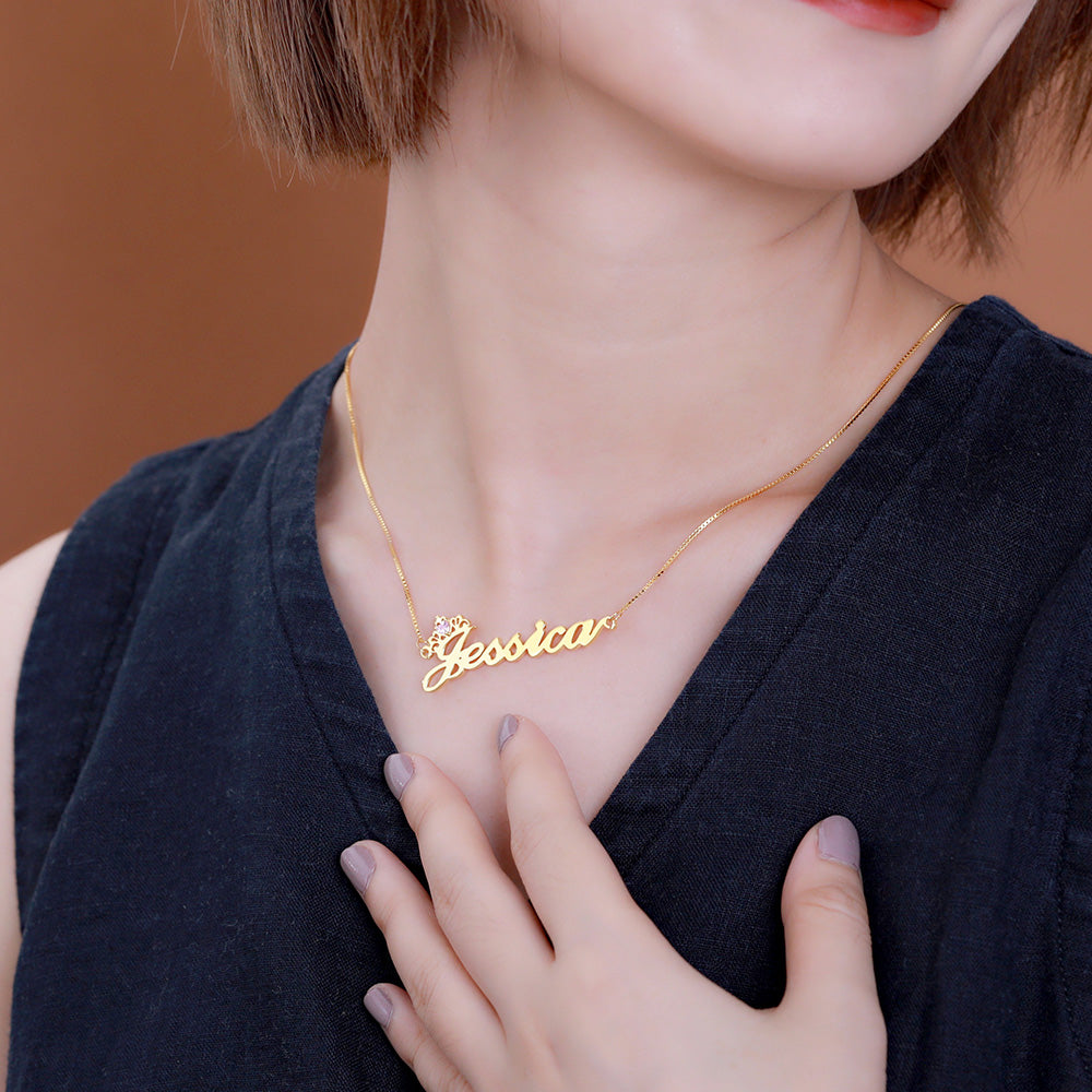 Personalized Crown Name Necklace with Birthstone in Silver